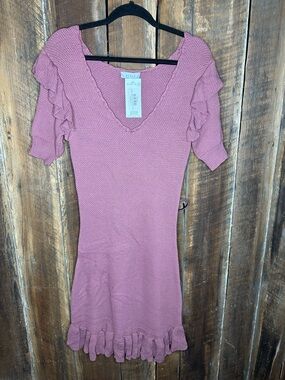 Textured Ruffle Knit Mini Dress in Dusty Rose
